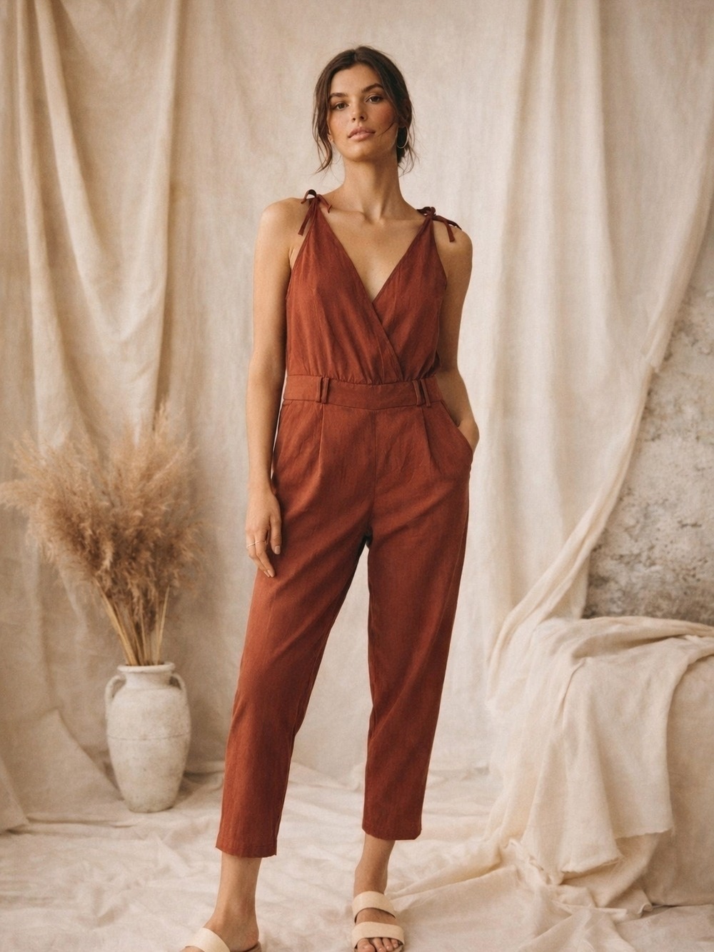 Moon River Jumpsuit M Rust Cropped Tapered Leg Boho,Chic, Eurostyle Vacation